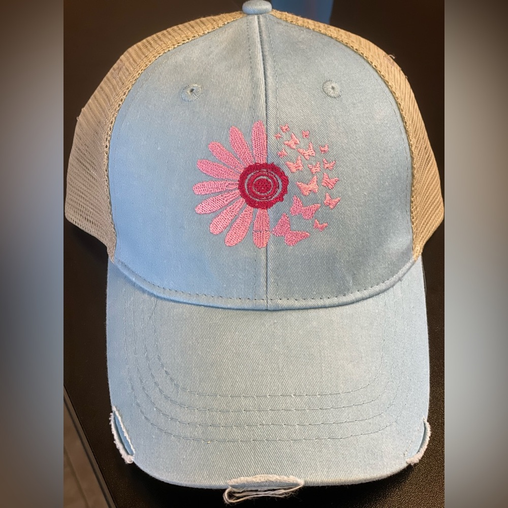 Embroidered Daisy and Butterfly Hat from at Yayas_crazyworld on Tik Tok